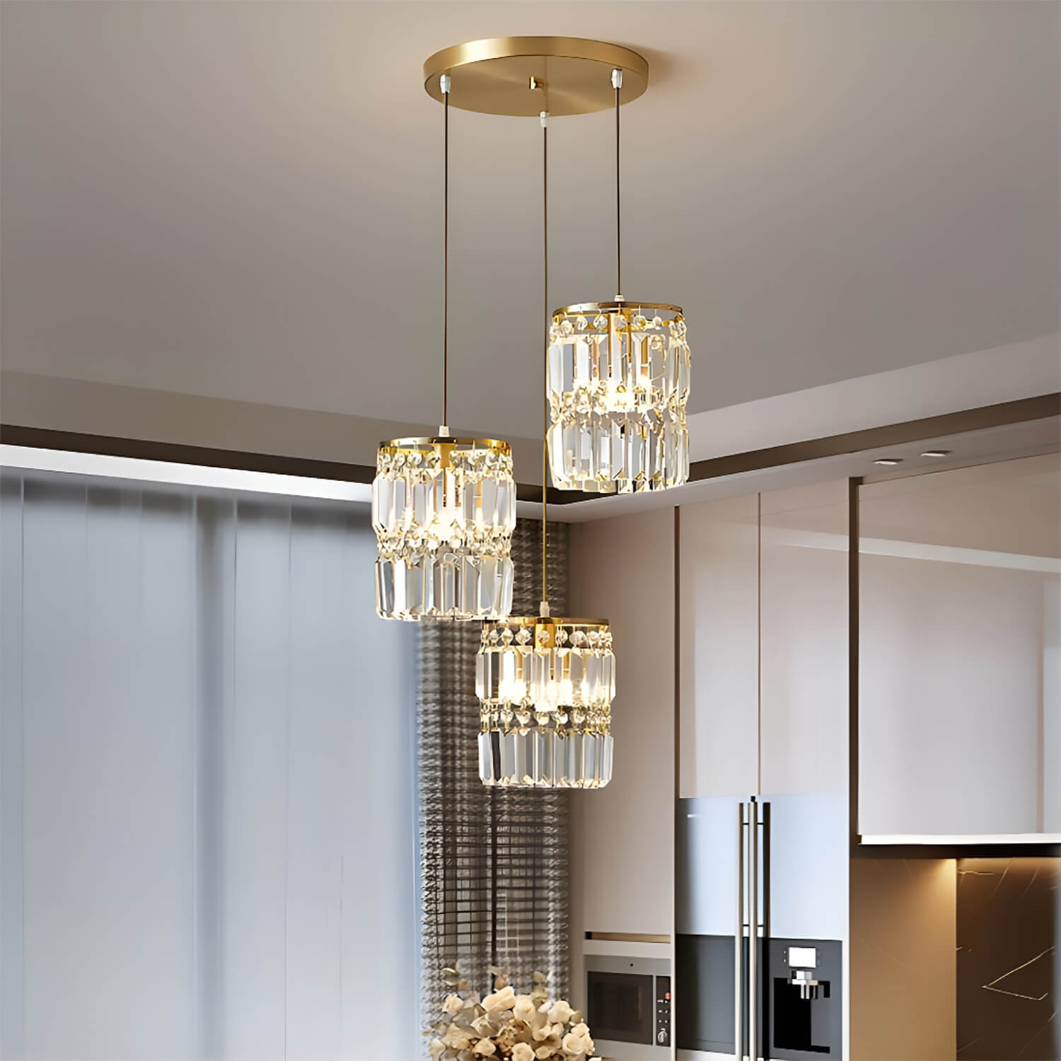 3-Light Gold Crystal Chandelier - Linear Pendant Light-2|Sofary