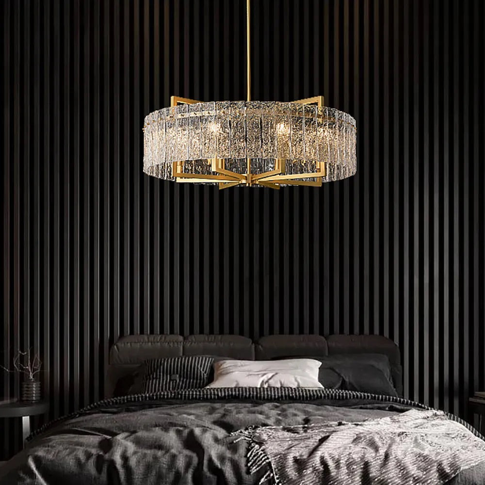 Round Brass Drum Adjustable Chandelier - Bedroom - Crystal Chandelier