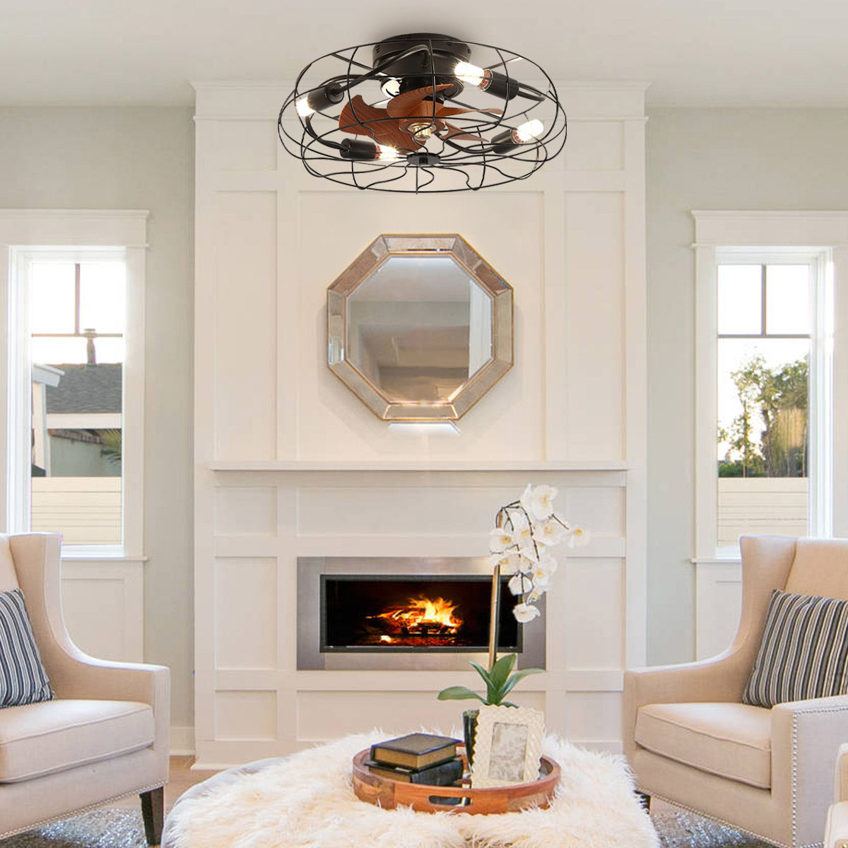 Industrial Style Caged Ceiling Fan with Lights--living room 3