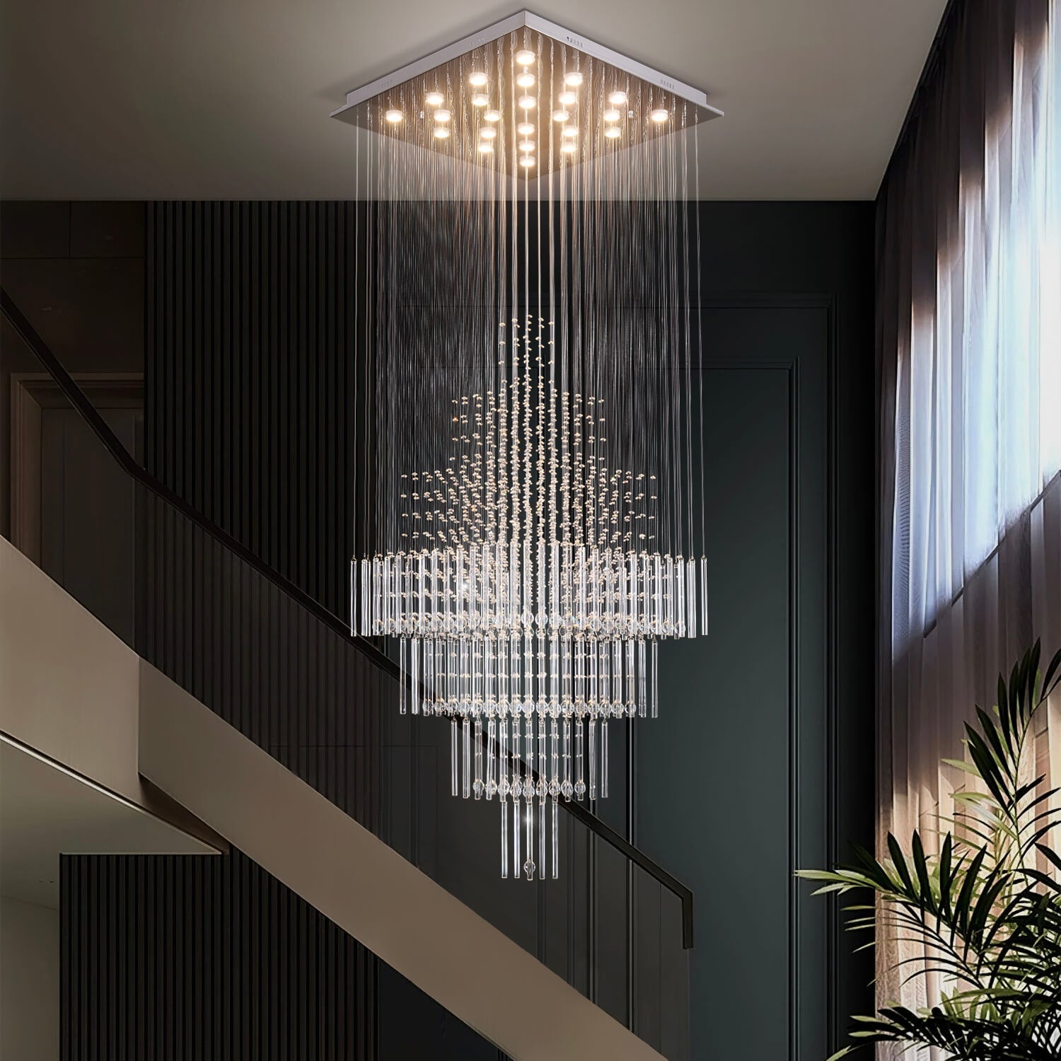 Square Floating Castle Raindrop Crystal Chandelier-staircase-3|Sofary